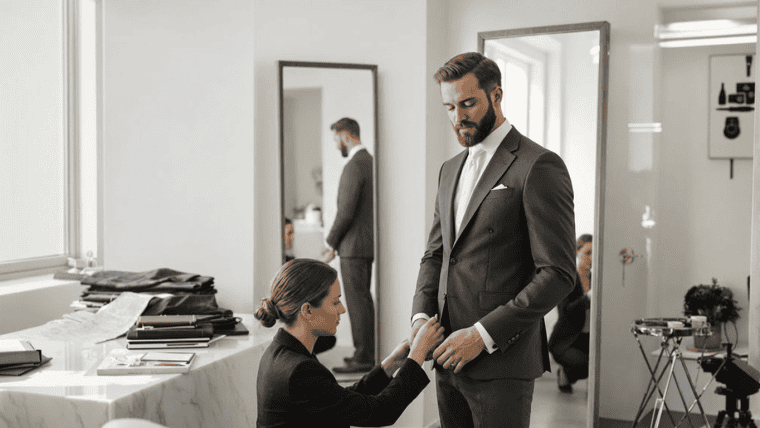 Groom in tailored suit during wedding fitting with bride in elegant dress.