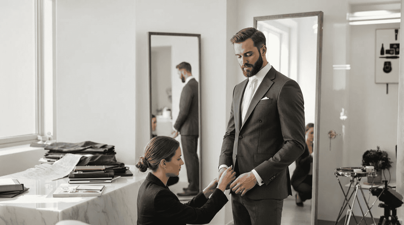 Groom in tailored suit during wedding fitting with bride in elegant dress.