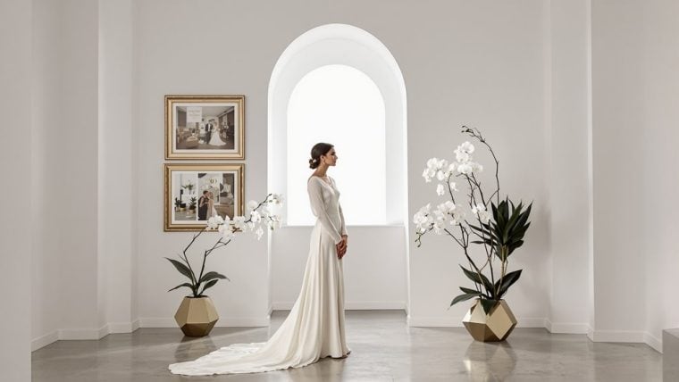 Bride in elegant wedding dress standing in bright minimalist room with white orchids and framed phot.