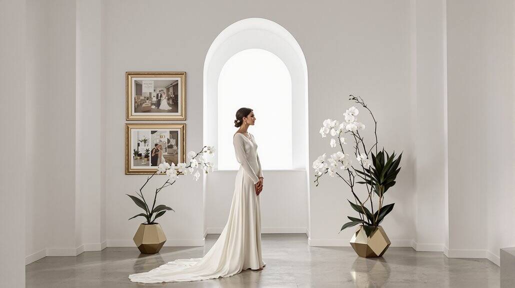 Bride in elegant wedding dress standing in bright minimalist room with white orchids and framed phot.