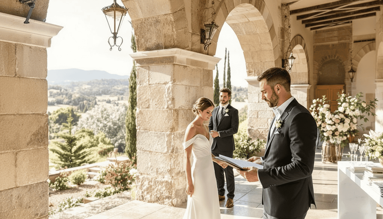 Bride and groom exchanging vows outdoors under stone arches with scenic landscape background.