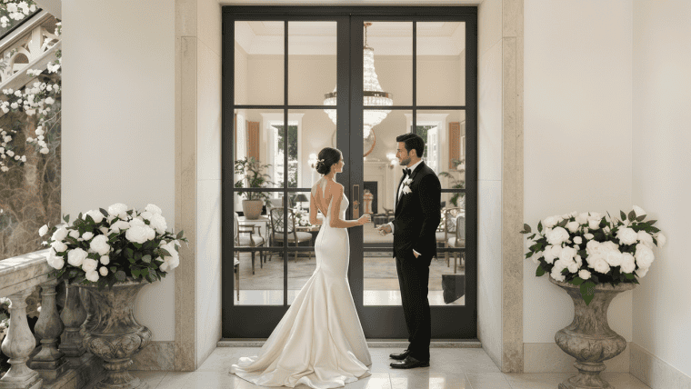 Elegant wedding couple exchanging vows in a luxurious venue.