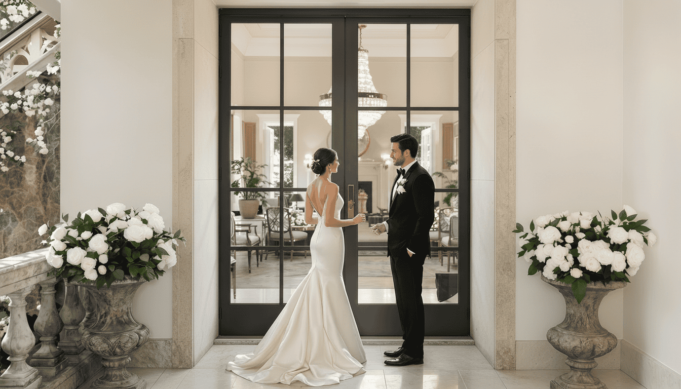 Elegant wedding couple exchanging vows in a luxurious venue.