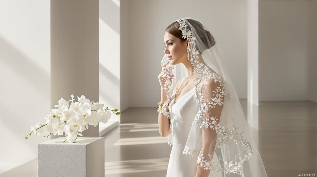 Beautiful bride in elegant wedding dress with lace veil and floral headpiece.