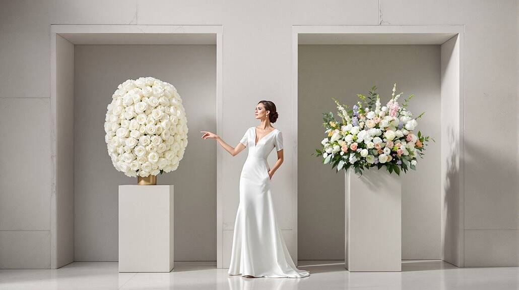 Elegant wedding floral arrangement with white roses and pastel accents.