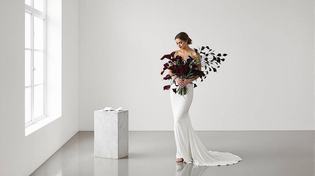 Elegant bride holding a bouquet in a minimalist white studio setting.