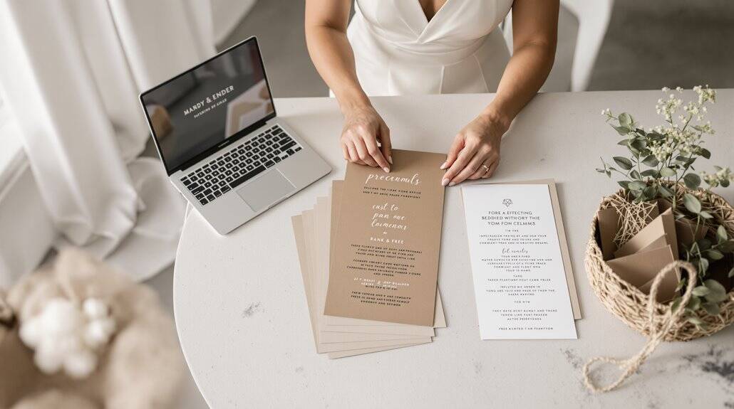 Bride preparing wedding invitations and programs on a white table.