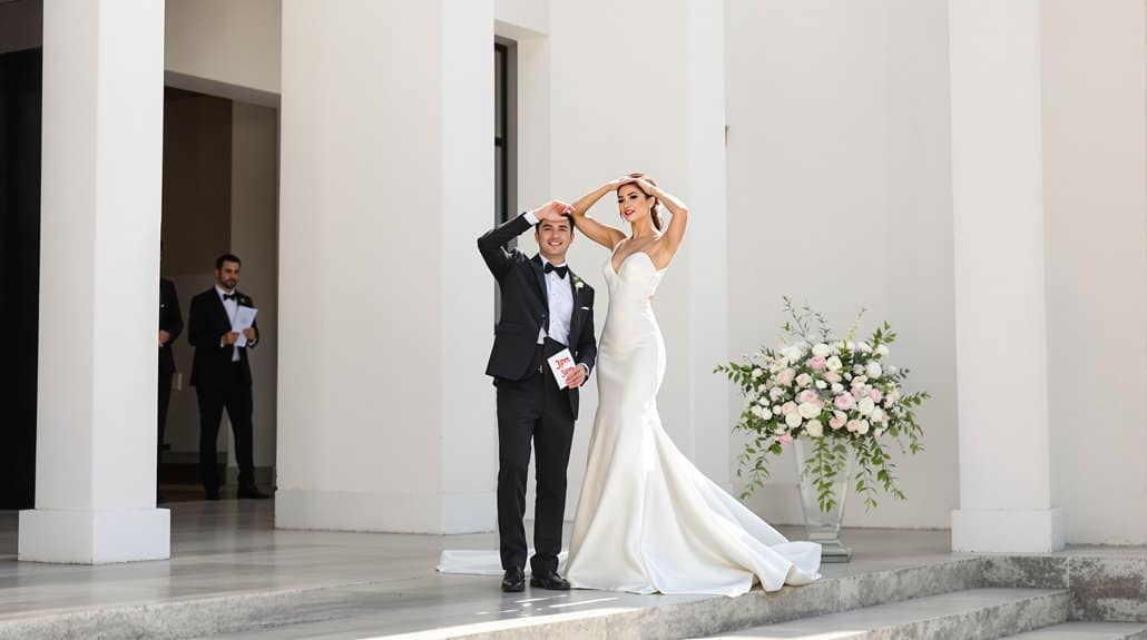 Elegant wedding couple standing outside a modern building.