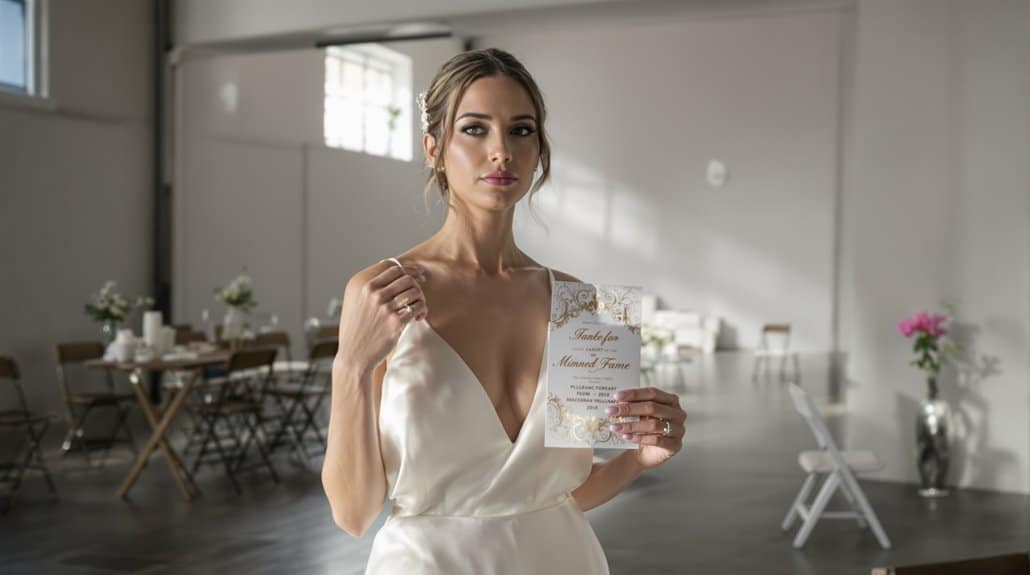 Bride holding wedding invitation card in elegant wedding dress.