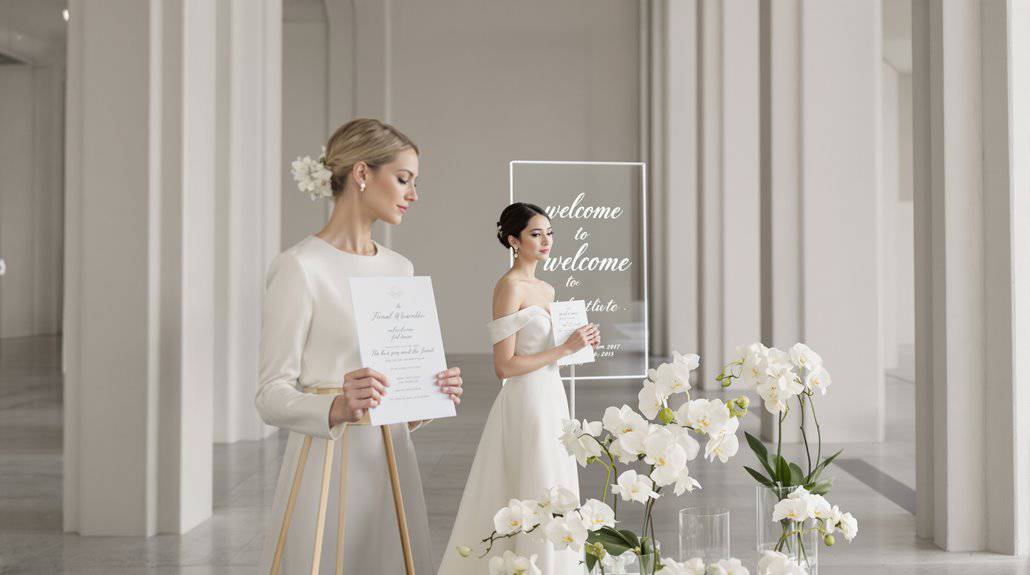 Elegant wedding ceremony with brides and floral decor in a modern venue.