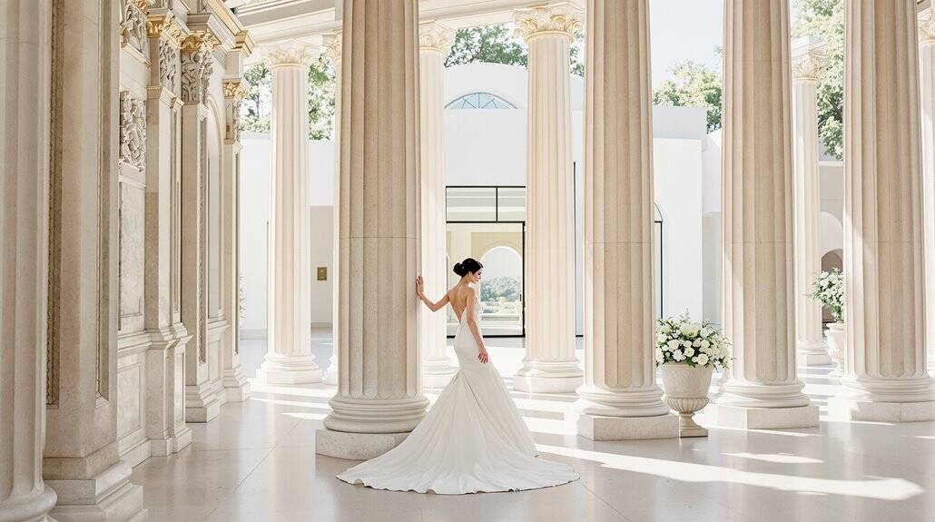 Elegant wedding dress in a grand classical hall with tall columns and natural light.