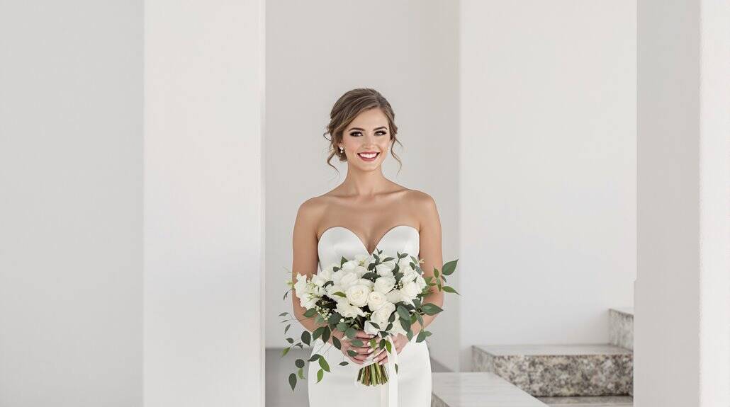 Beautiful bride holding a white bouquet in a modern, minimalist wedding setting.