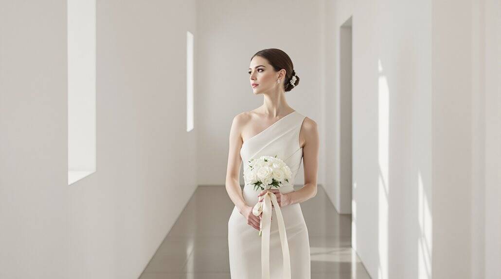 Bride in elegant wedding dress holding a bouquet in a minimalist setting.