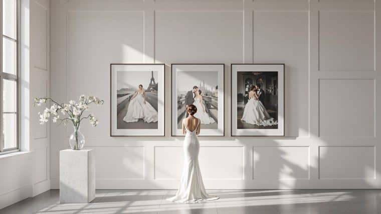 Bride in elegant wedding dress standing in art gallery with framed photos.
