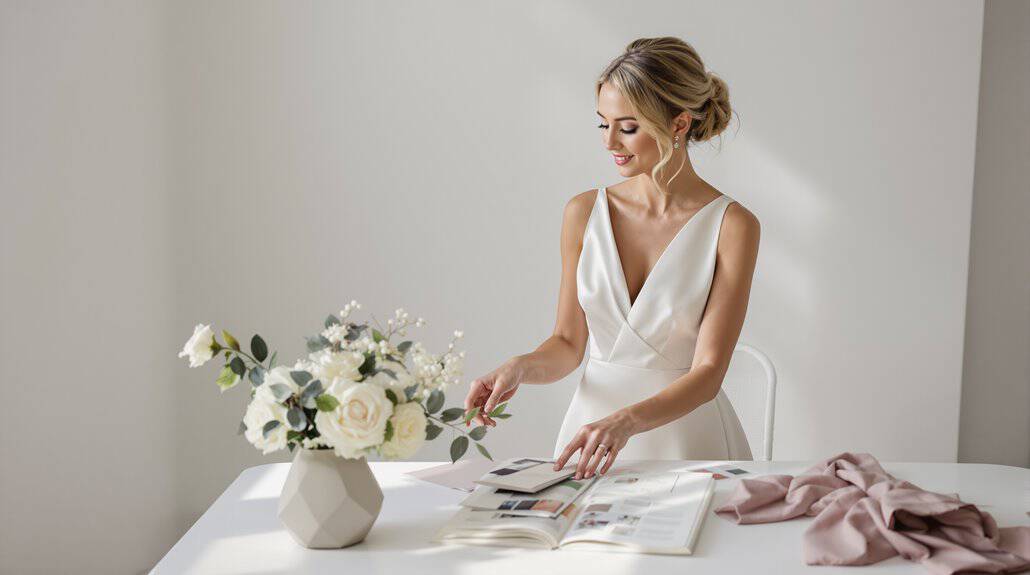 Bridal portrait of a bride in a white wedding dress arranging flowers on a table.