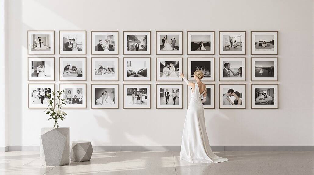 Elegant wedding photo gallery with a bride viewing framed pictures on a white wall.
