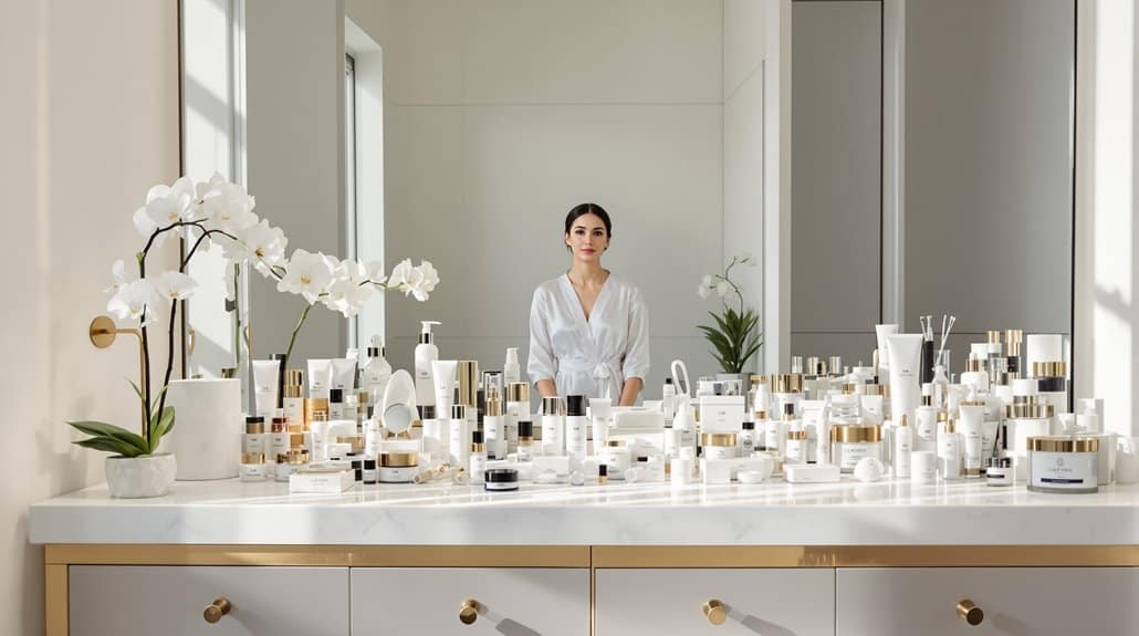 Elegant wedding skincare products displayed on a white counter with a woman in a white robe in the b.