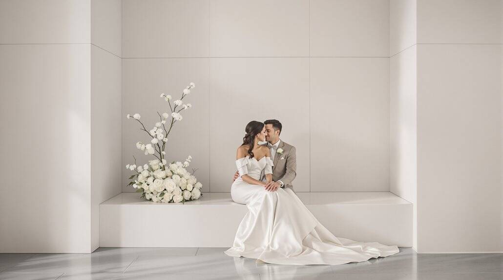 Bride and groom sharing a romantic moment in a modern, minimalist wedding venue.