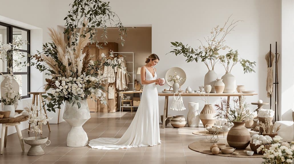 Bride in elegant wedding gown surrounded by stylish floral decor and vases.
