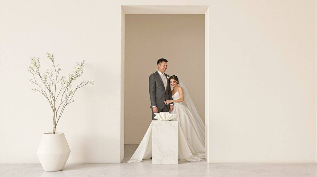 Bride and groom in elegant wedding attire in a minimalist, modern setting.