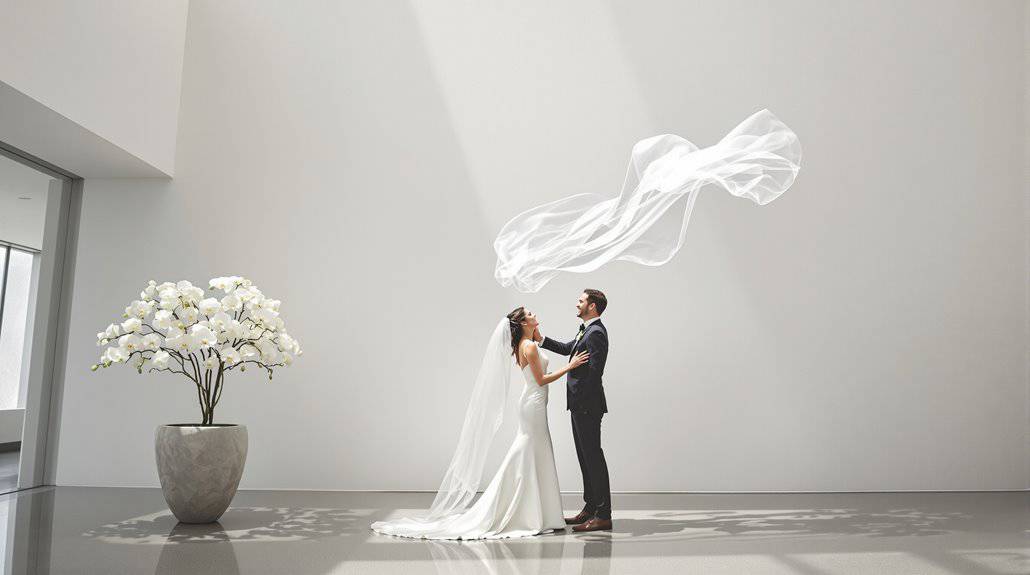Bride and groom holding hands with flowing veil in modern wedding setting.