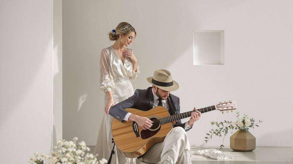 Bride and groom enjoying acoustic guitar at wedding ceremony.