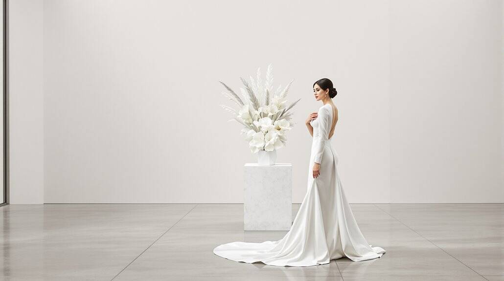 Elegant wedding bride in a white gown with floral bouquet.