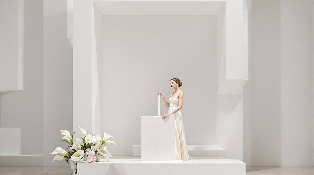 Bridal gown on a bride in a minimalist, modern wedding setting.