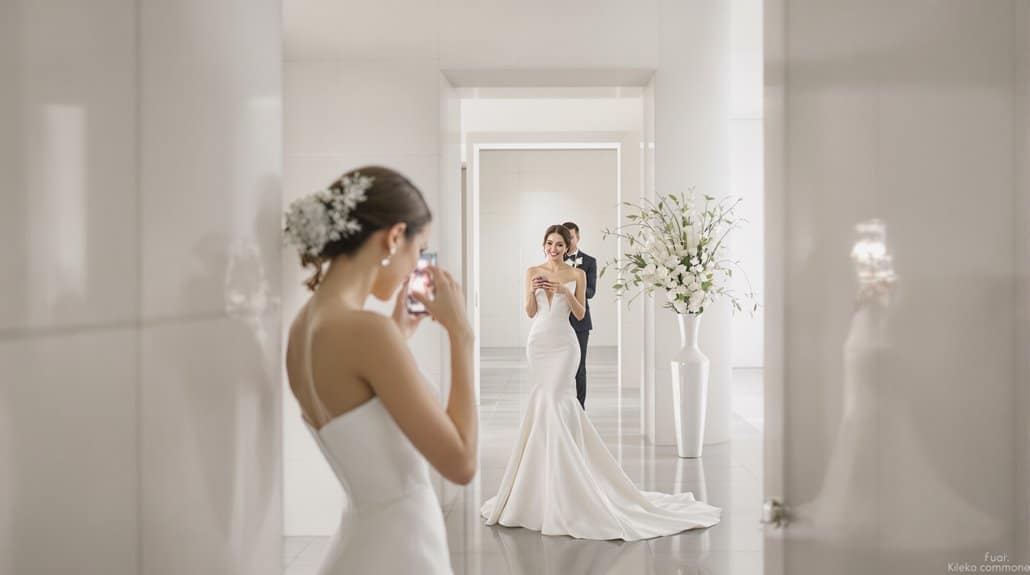 Bride in wedding dress with groom in modern, bright venue.