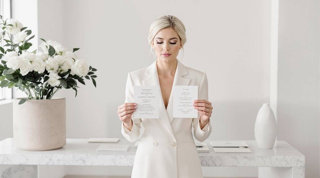 Bride holding wedding invitations in a modern, elegant setting.