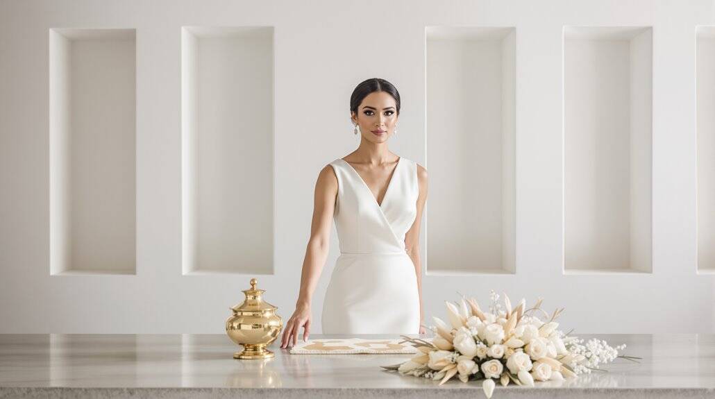 Elegant bride in white wedding dress with floral decor and gold accents.