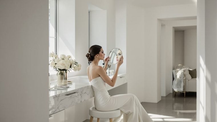 Bride in white wedding dress applying makeup in a modern, sunlit room.