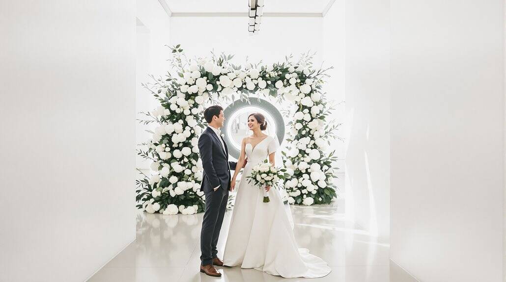 Elegant wedding ceremony with bride and groom standing before a floral backdrop.
