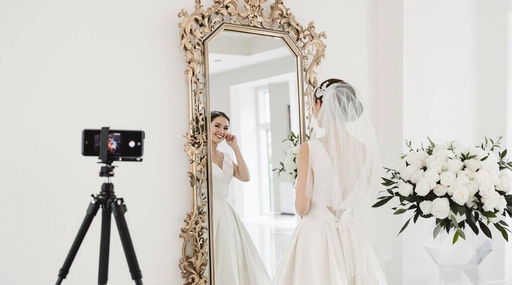 Bride in wedding dress looking at mirror with floral arrangement nearby.