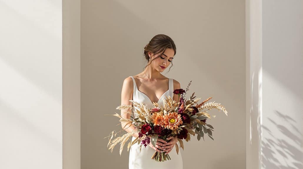 Bride holding a beautiful floral bouquet in a minimalist setting.