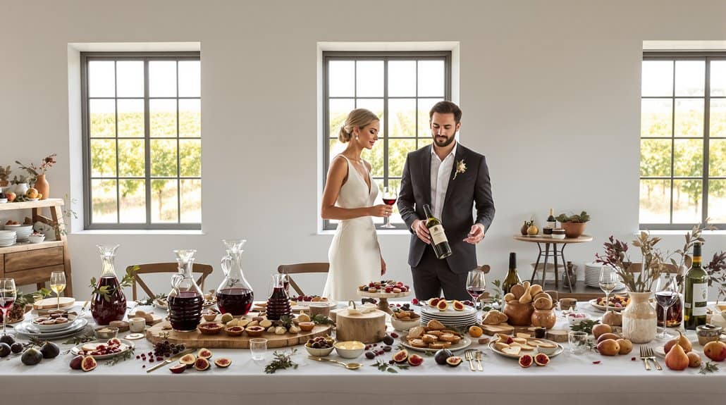 Beautiful wedding dessert table with bride and groom in a bright, modern venue.