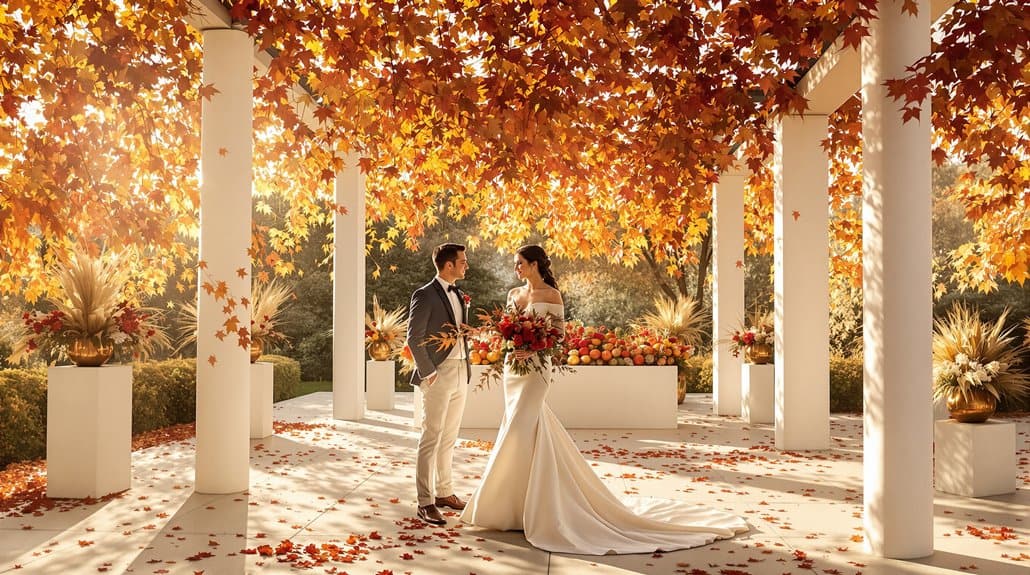Bride and groom exchanging vows under autumn trees with vibrant fall foliage.