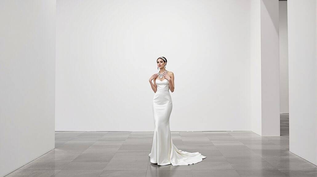 Elegant wedding dress with sleek design and flowing train. Perfect for modern bridal fashion and spe.