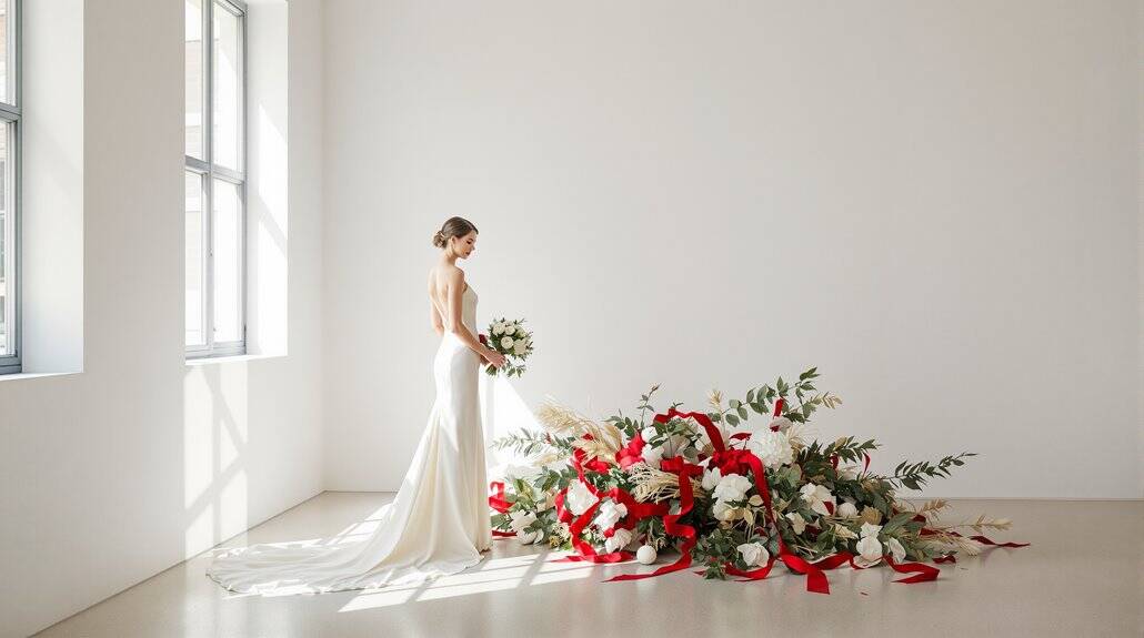 Bride in wedding dress holding bouquet near large floral display.