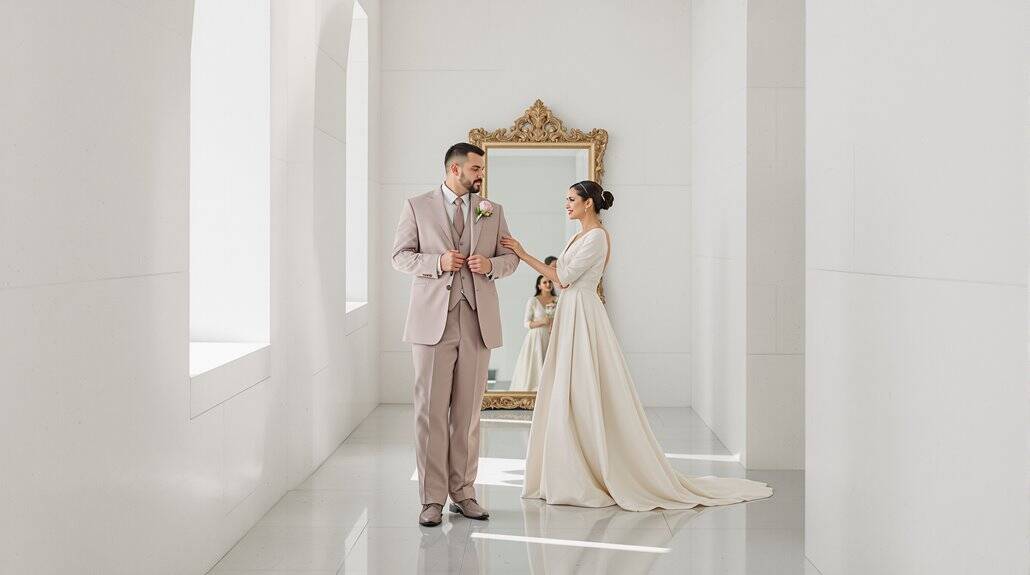 Bride and groom exchanging vows in a minimalist, elegant wedding setting.