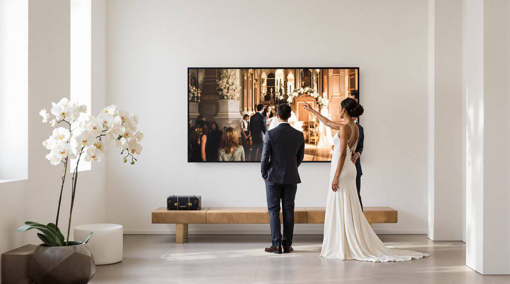 Bride and groom watching wedding video on TV in modern living room.
