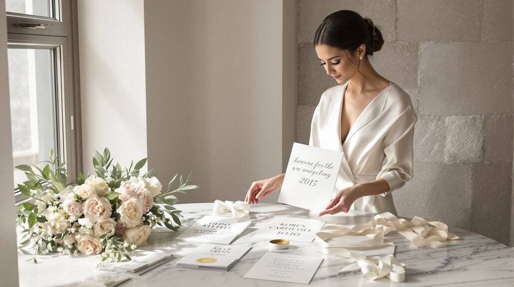 Bride reviewing wedding invitations at a beautifully decorated table.