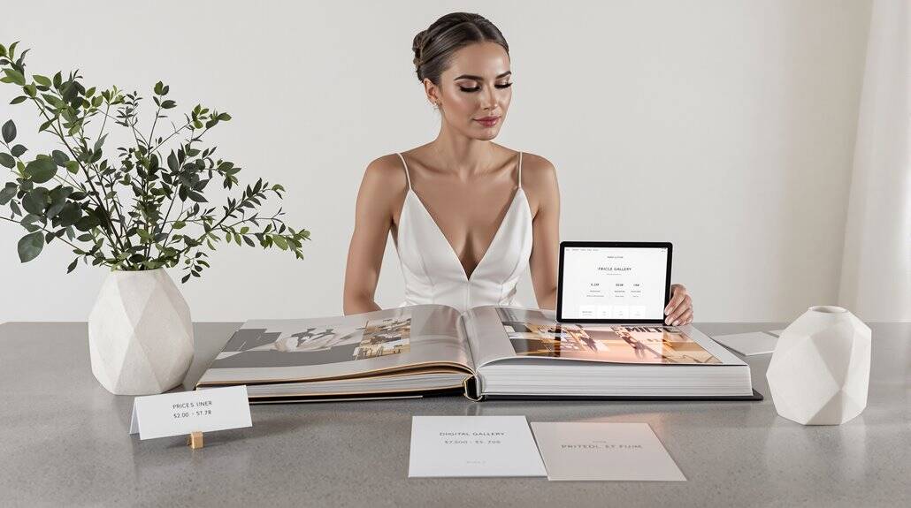 Bride reviewing wedding planning materials at a modern desk.