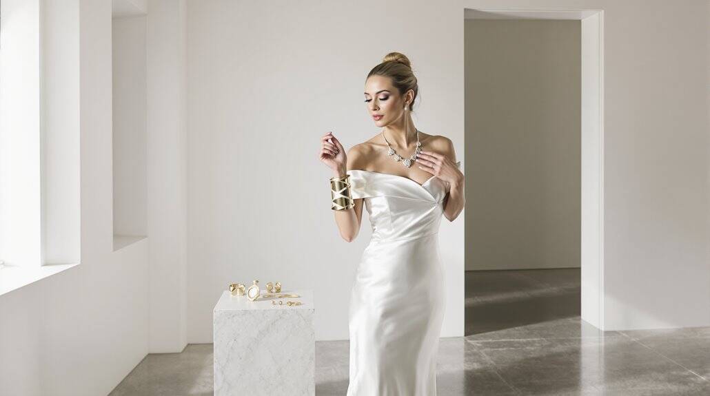 Elegant wedding dress with off-shoulder design and luxurious fabric.