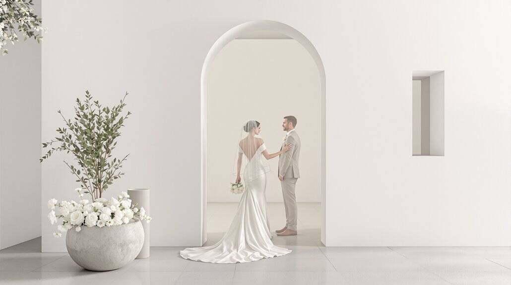 Bride and groom holding hands during wedding in minimalist white setting.
