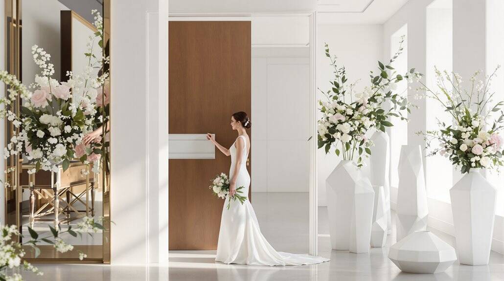 Bride in elegant wedding gown in a modern, floral-decorated bridal suite.
