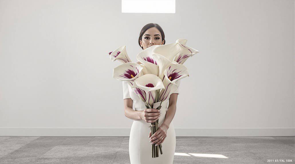 Bride holding a stunning bouquet of calla lilies at her wedding.
