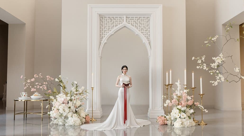 Bridal portrait at an elegant wedding venue with floral arrangements and ornate decor.