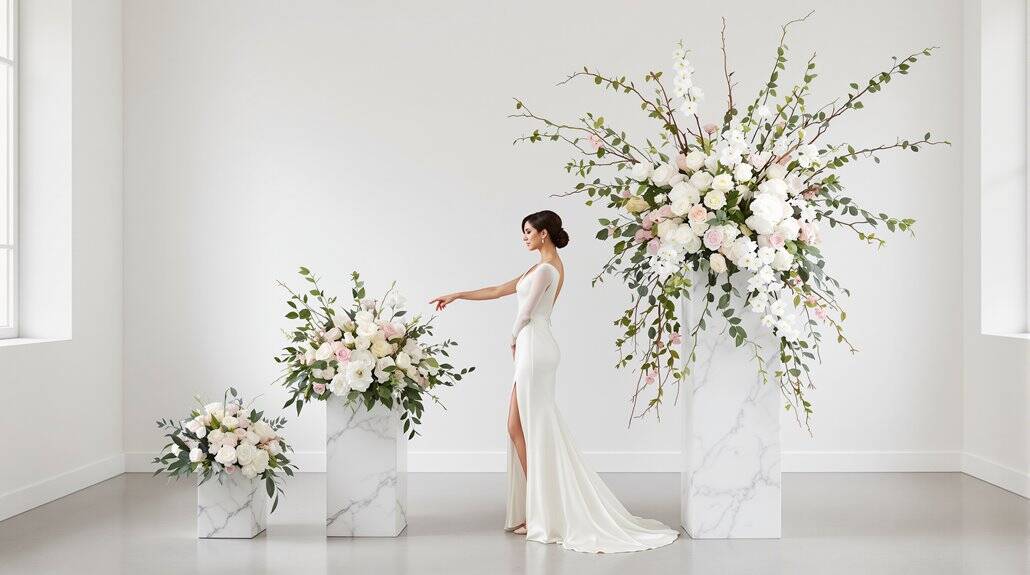 Elegant wedding floral arrangement with white roses and greenery in a modern setting.