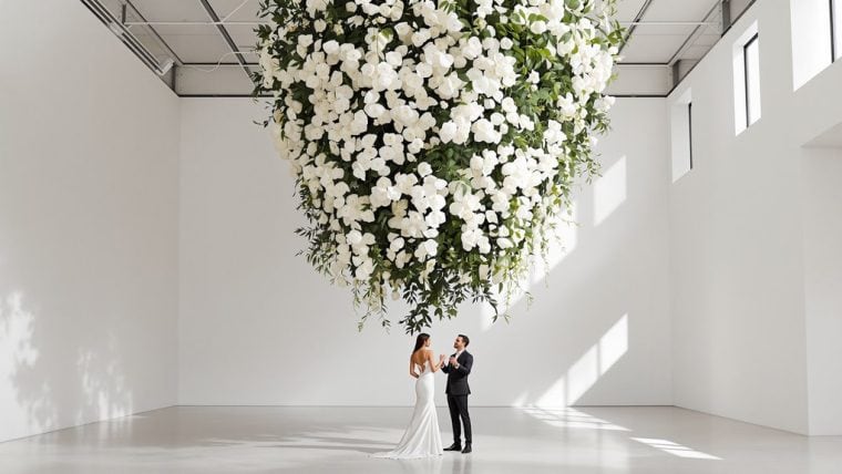 Bride and groom exchanging vows under a large floral chandelier at a modern wedding venue.